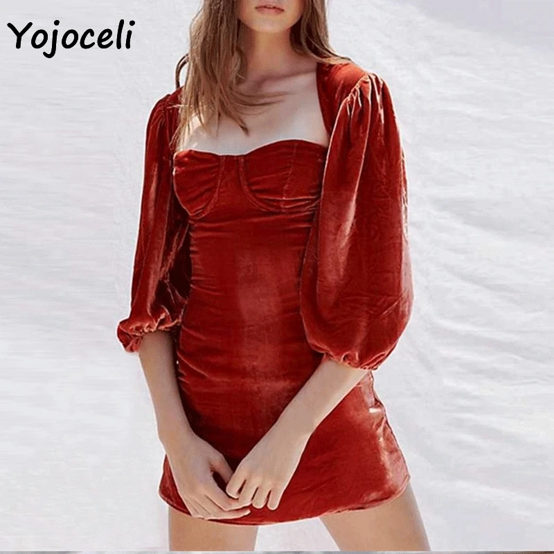 Yojoceli 2018 осень зима золото бархатное платье Половина рукава шикарный вечерние