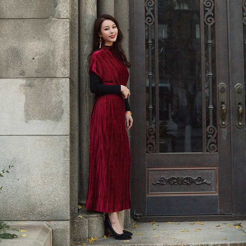 VERRAGEE женское винтажное платье Плиссированное бархатное с воротником-стойкой