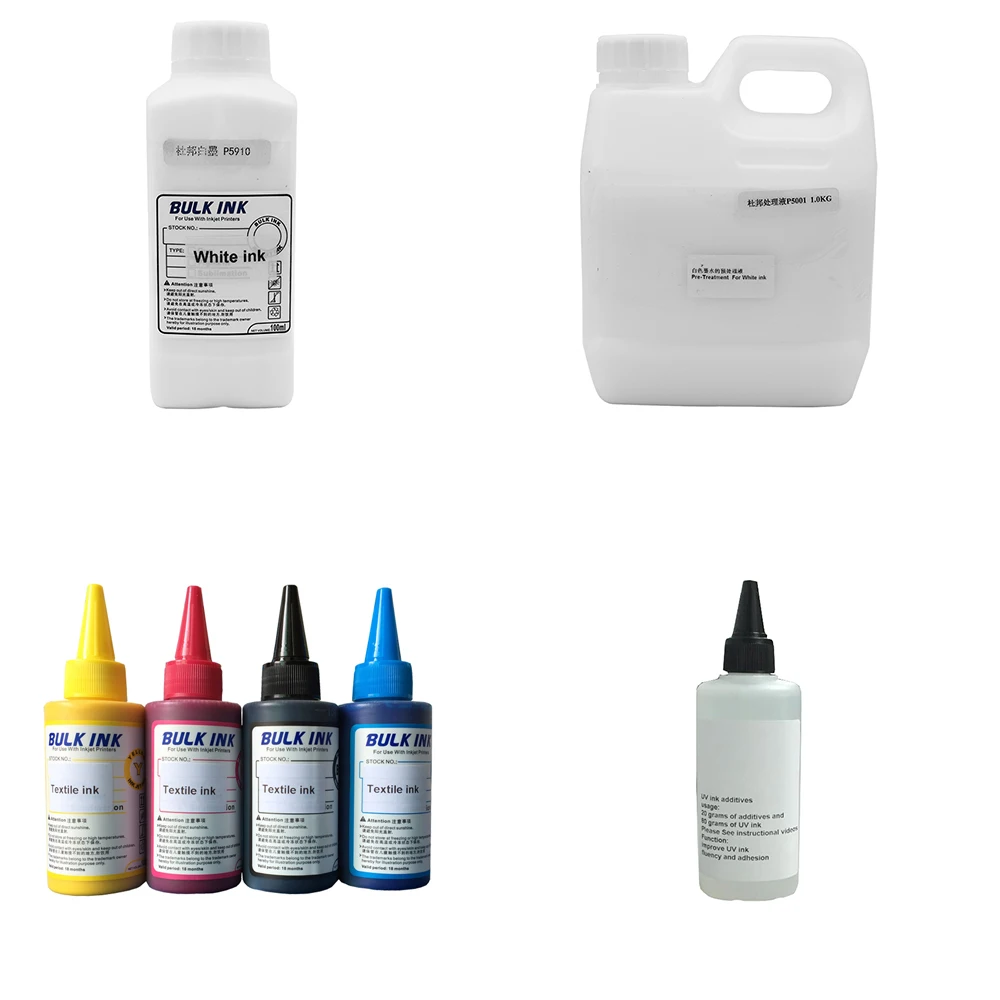 Tinta de Matéria Líquido de Limpeza Agente de Fixação de Tinta Branca de Matéria Têxtil para Uso da Impressora do Leito para a Camiseta Têxtil Branca c m y k