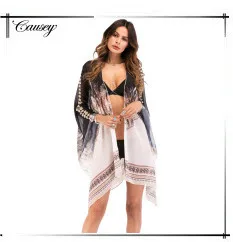 Boho Inspirado bordado кимоно кафтан frente aberta cintura Топ praia contraste camisa longa blusa платье Летнее пляжное платье