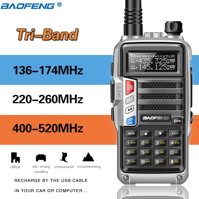 sliver Трехдиапазонное радио BaoFeng UV-S9, 8 Вт, высокая мощность, 136-174 МГц/220-260 МГц/400-520 МГц, портативная рация, Любительская портативная радиоприемная рация - Цвет: sliver