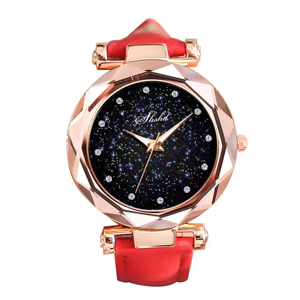 

Sanwood Rhinestone Index Starry Sky Round Dial Faux Leather Band Lady Quartz Wrist Watch