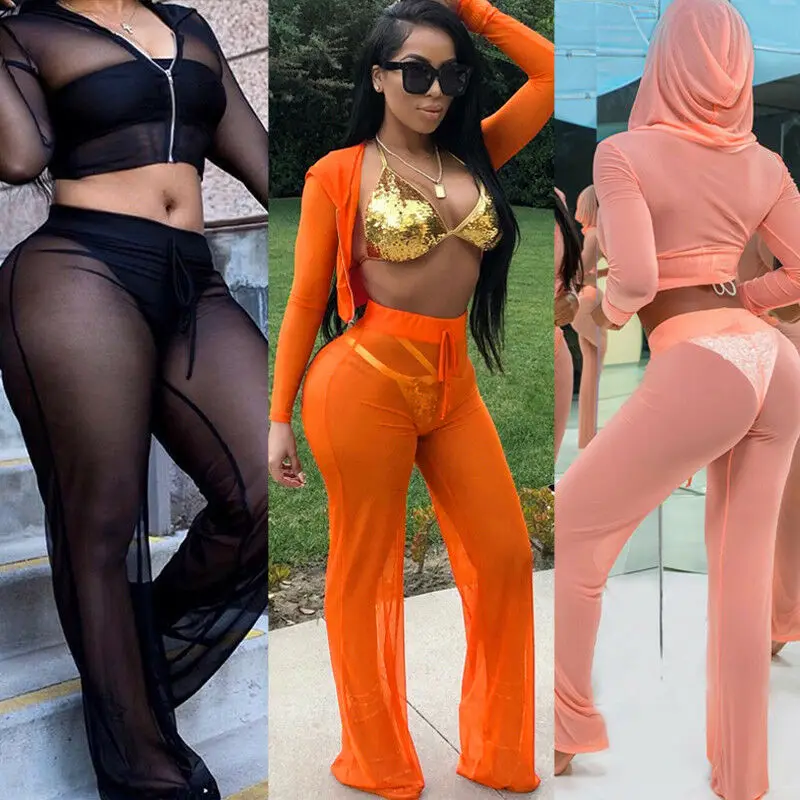 2019 женские брюки Пляжная сетчатая прозрачная накидка на бикини с широкими