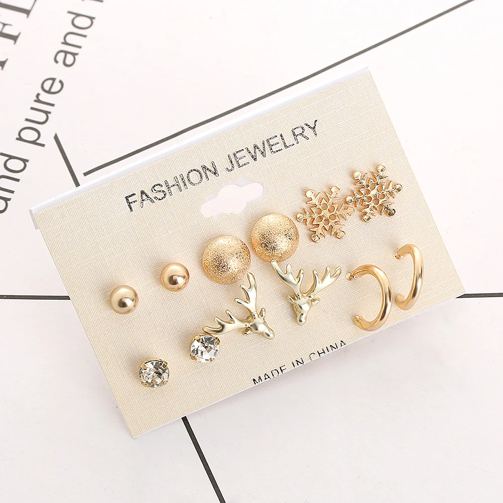 6 пар/компл. женские корейские серьги с кристаллами звездами оленями и снежинками