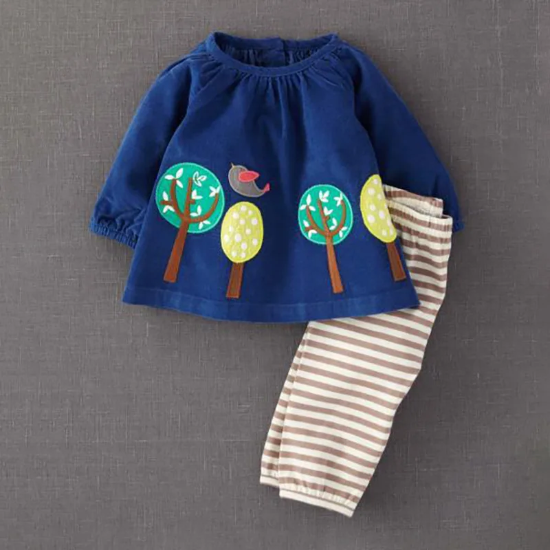 

Little Maven New Spring Autumn Kids Blue Applique Trees Bird Woven Pants Striped Cotton Knitted Girls Long-sleeved Blouse Sets