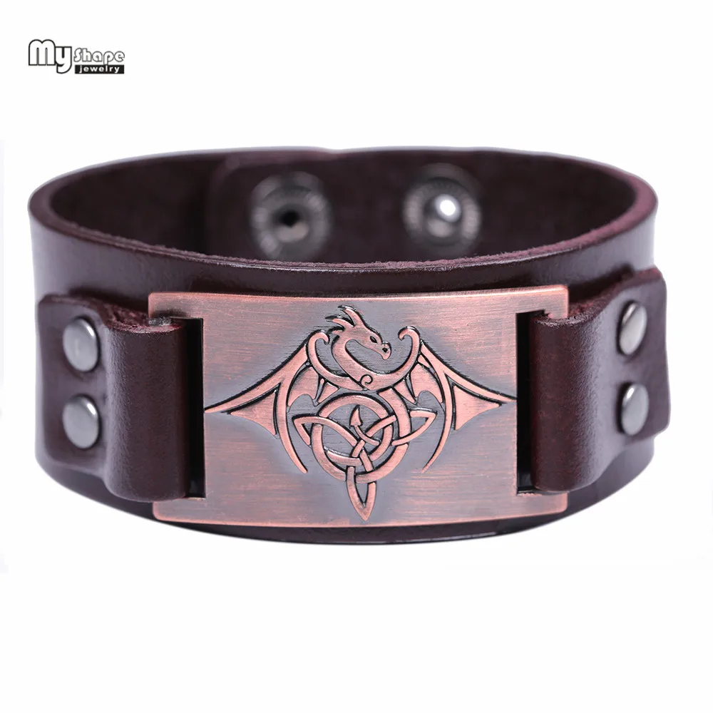 Brown-Copper My shape Дракон-Викинг браслет-амулет Мужские Винтажные браслеты напульсники нордический Национальный Тотем ремешок из натуральной кожи - Окраска металла: Brown-Copper