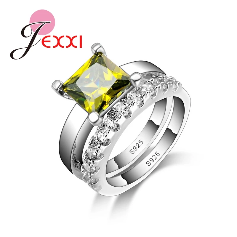 

Fashion Women Ring Set 925 Sterling Silver La Cubic Zircon Rings Yellow Square Cut Crystal Femme Ring Sets 2pcs