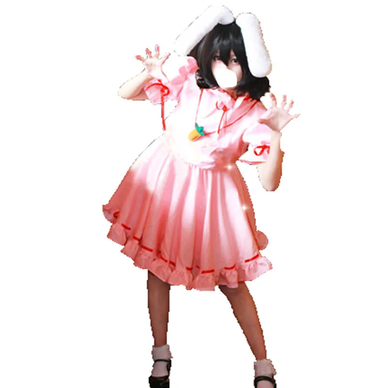 Фото Tewi Inaba сладкое розовое платье, униформа, костюмы для косплея с ушками, ожерелье с хвостом для Хэллоуина, Рождества, мужской и женский костюм