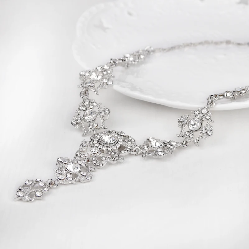 Bridal Wedding Rhinestone Luxury Fashion High Quality Bride jewelry Women Geometric Necklace Earrings Jewelry Set | Украшения и