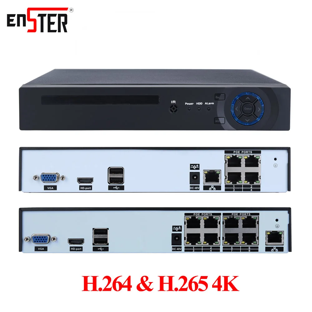 4 канальный 8 сетевой видеорегистратор ENSTER 48 В H.265 с портами IEEE802.3af PoE поддерживает