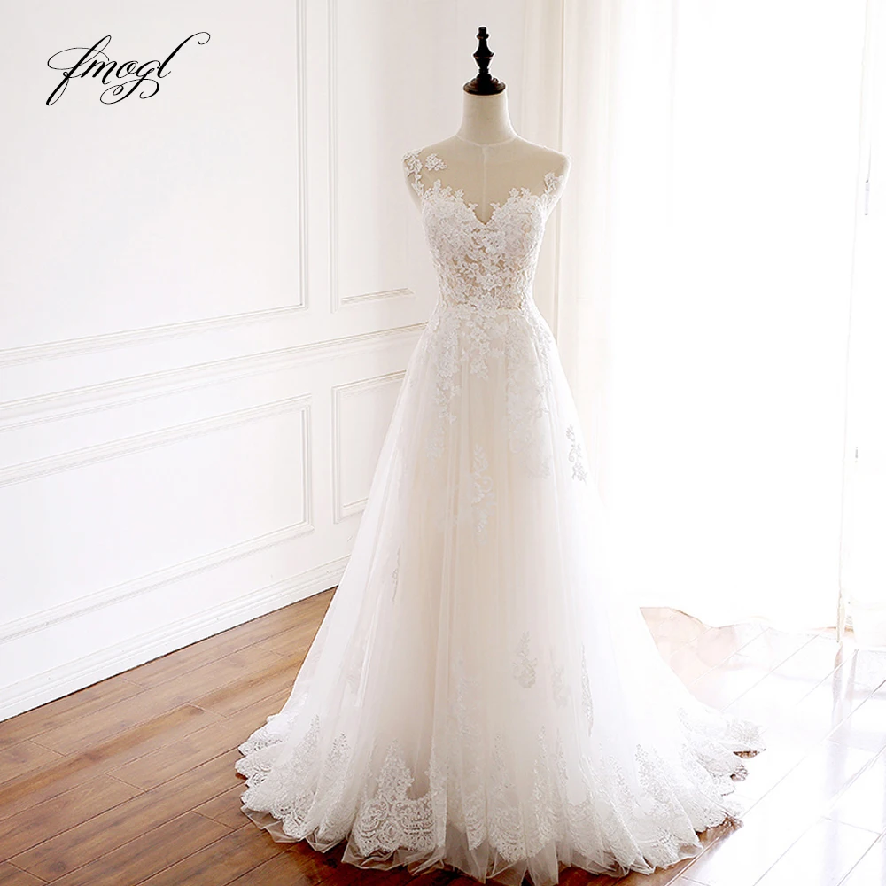 

Fmogl Vestido De Noiva Sexy Illusion A Line Wedding Dresses 2022 Scoop Neck Appliques Beaded Sweep Train Bride Gowns