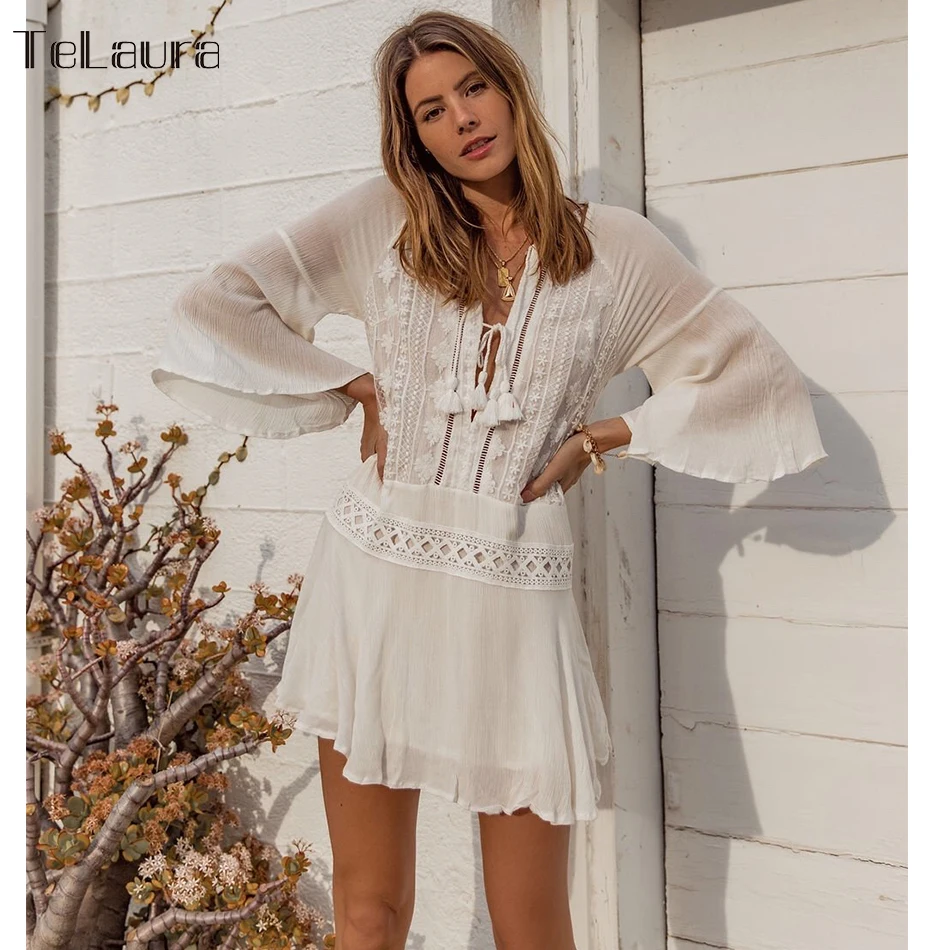 2019 Сексуальная Пляжная накидка купальник белое кружевное пляжное платье с