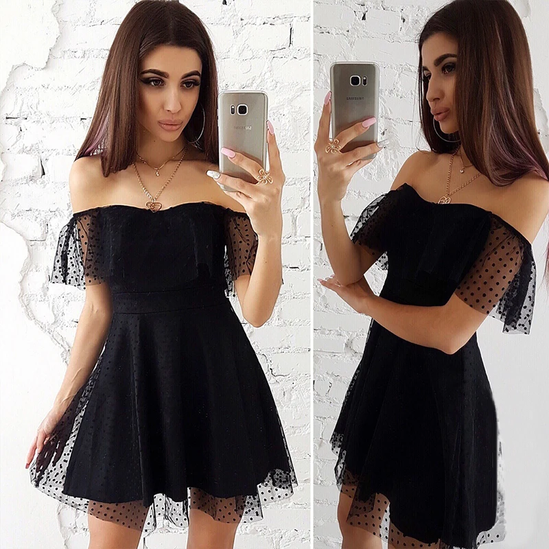 Women Vintage Off the Shoulder Lace Party Dress Short Sleeve Slash Neck Solid Mini New Fashion Early Summer | Женская одежда
