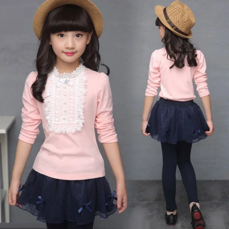 pink girls shirts Школьные рубашки для девочек-подростков 3-13 лет на весну, осень и зиму, детские кружевные топы и блузки с длинными рукавами для девочек, одежда для малышей, JW3033A - Цвет: pink girls shirts