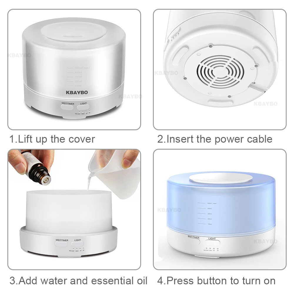 KBAYBO 500ml Ultrasonic Air Humidifier Essential Oil Diffuser with remote control humidify Aromatherapy mist maker for home | Бытовая