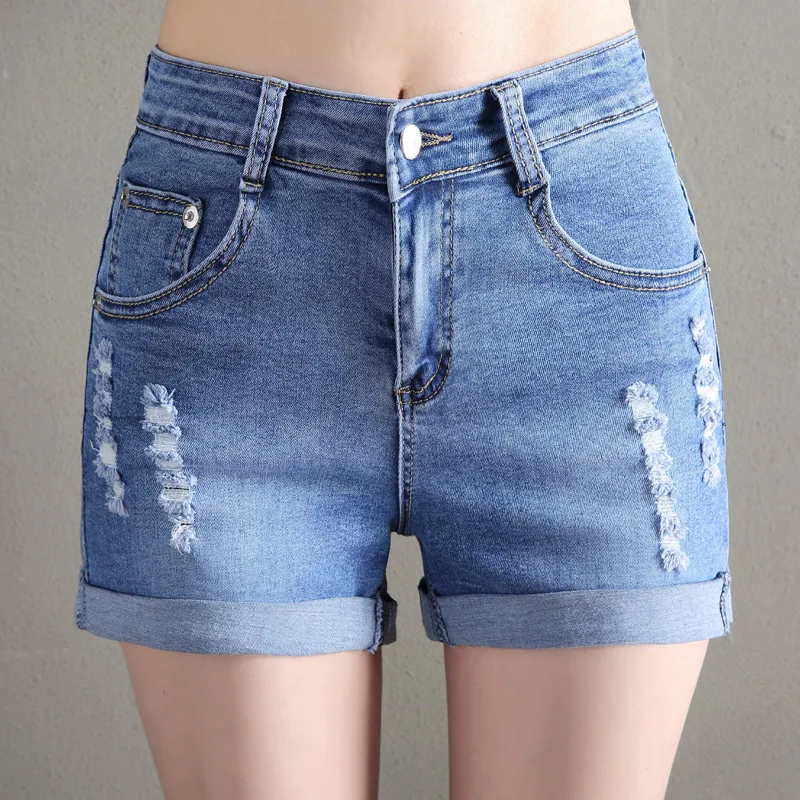 

Europe Blue Crimping Denim Shorts for Women Summer New Brand Trendy Slim Casual Plus Size Womens High Waist Shorts Jeans