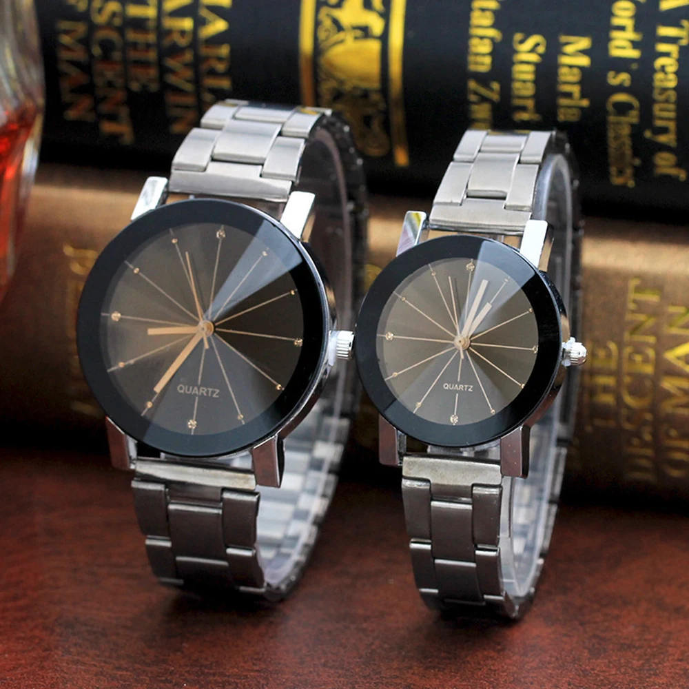 Фото Классические кварцевые часы для влюбленных черные стальные минималистичные