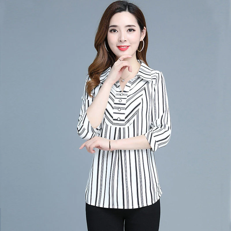 

Elegant Women Spring Summer Chiffon Blouses Shirts Lady Casual Half Sleeve Striped Printed Blusas Tops DF2811