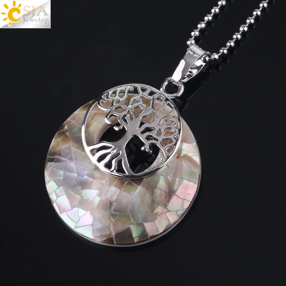 Black-Necklace CSJA натуральный Абалон оболочки ожерелья Подвески Красочные розовый желтый ракушка Круглый бисер Древо жизни кулон для женщин ювелирные изделия F868 - Окраска металла: Black-Necklace