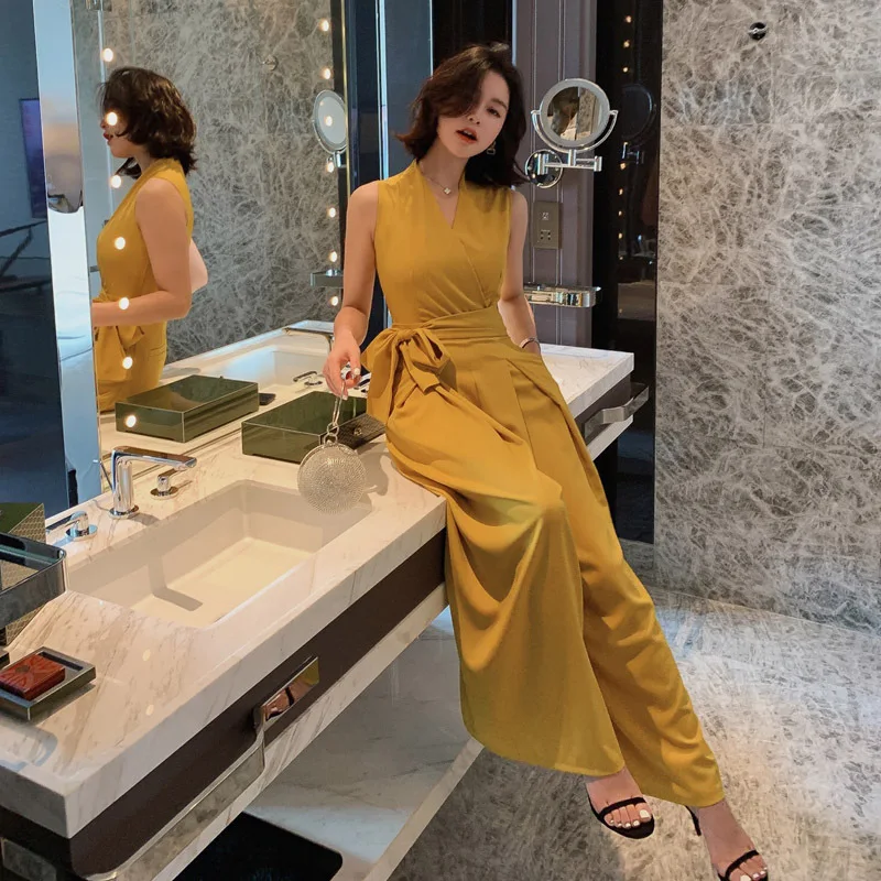 Длинные Комбинезоны сексуальный женский желтый комбинезон лето 2019 v-образный