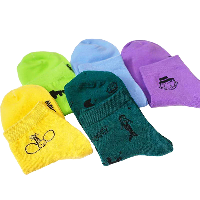 Summer New Design Women Short Socks Cartoon Yellow Green Purple Blue Sock Cotton 5 Pairs A Lot - Цвет: 5 pairs a lot