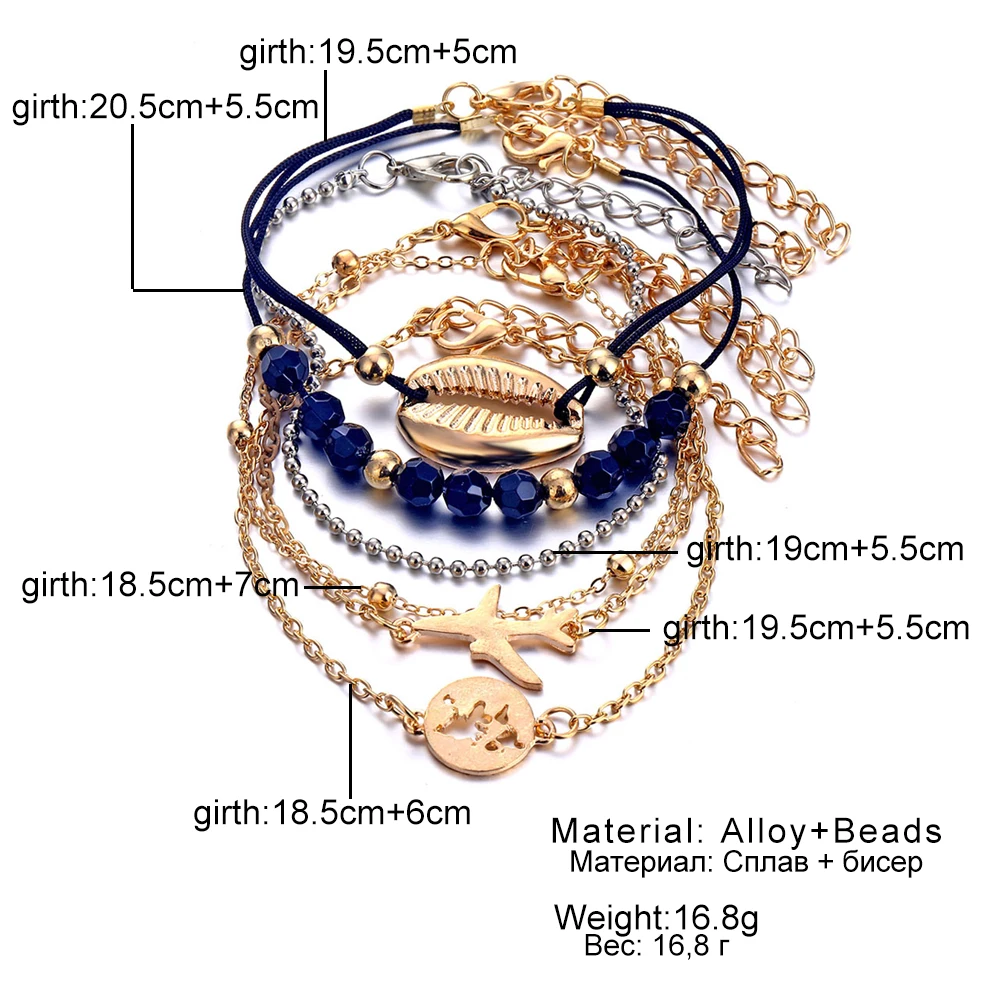 FAMSHIN Bohemian Map Stone Beads Charm Bracelets Set For Women Fashion Shell Pineapple Tree Chain Link Bracelet Female Jewelry | Украшения