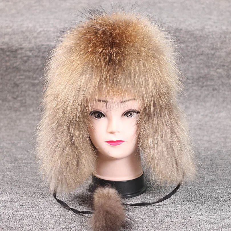 natural fox fur Распродажа, натуральный мех лисы, Женская Русская Шапка-ушанка Авиатор, шапка для катания на лыжах, шапка, закрывающая уши, зимняя шапка-бомбер из меха енота - Цвет: natural fox fur