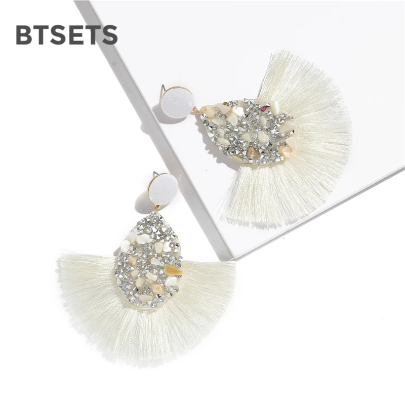 BTSETS, красочные серьги с кисточками и кристаллами для женщин, очаровательные серьги, модные ювелирные изделия, свадебные серьги с бахромой