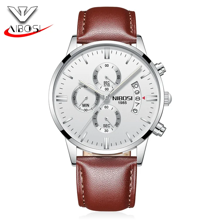 Модные мужские часы NIBOSI 2018 кварцевые ведущего роскошного бренда с кожаным