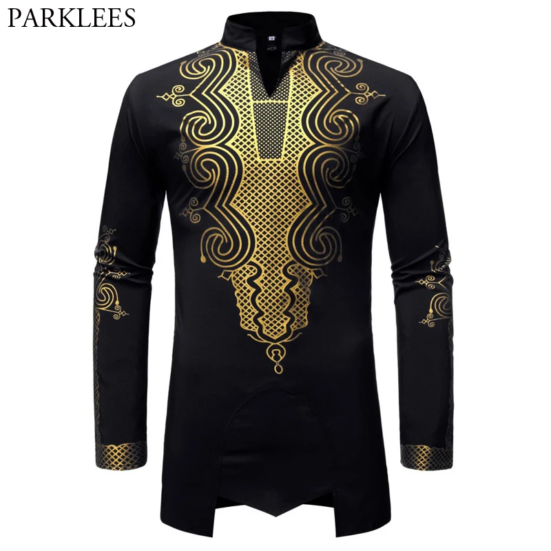 

Men's Hipster African Tribal Dashiki Luxury Metallic Golden Printed Mandarin Collar Shirt Traditional Ethnic Clothing Chemise