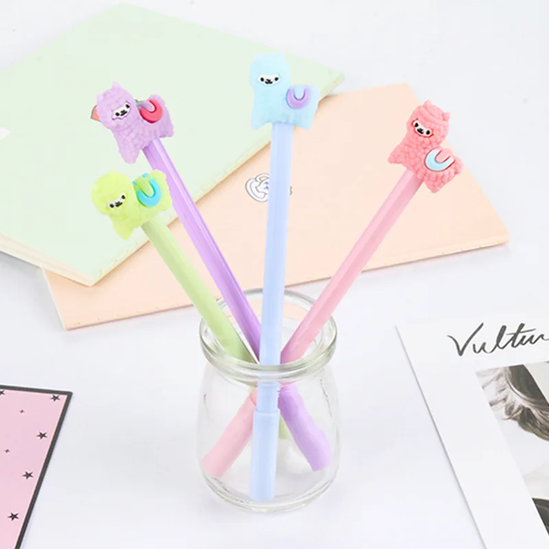 24 PCS Cartoon Creative Plush Alpaca Neutral Pen Cute Young Black Water-based Pen Student Stationery Kawaii School Supplies