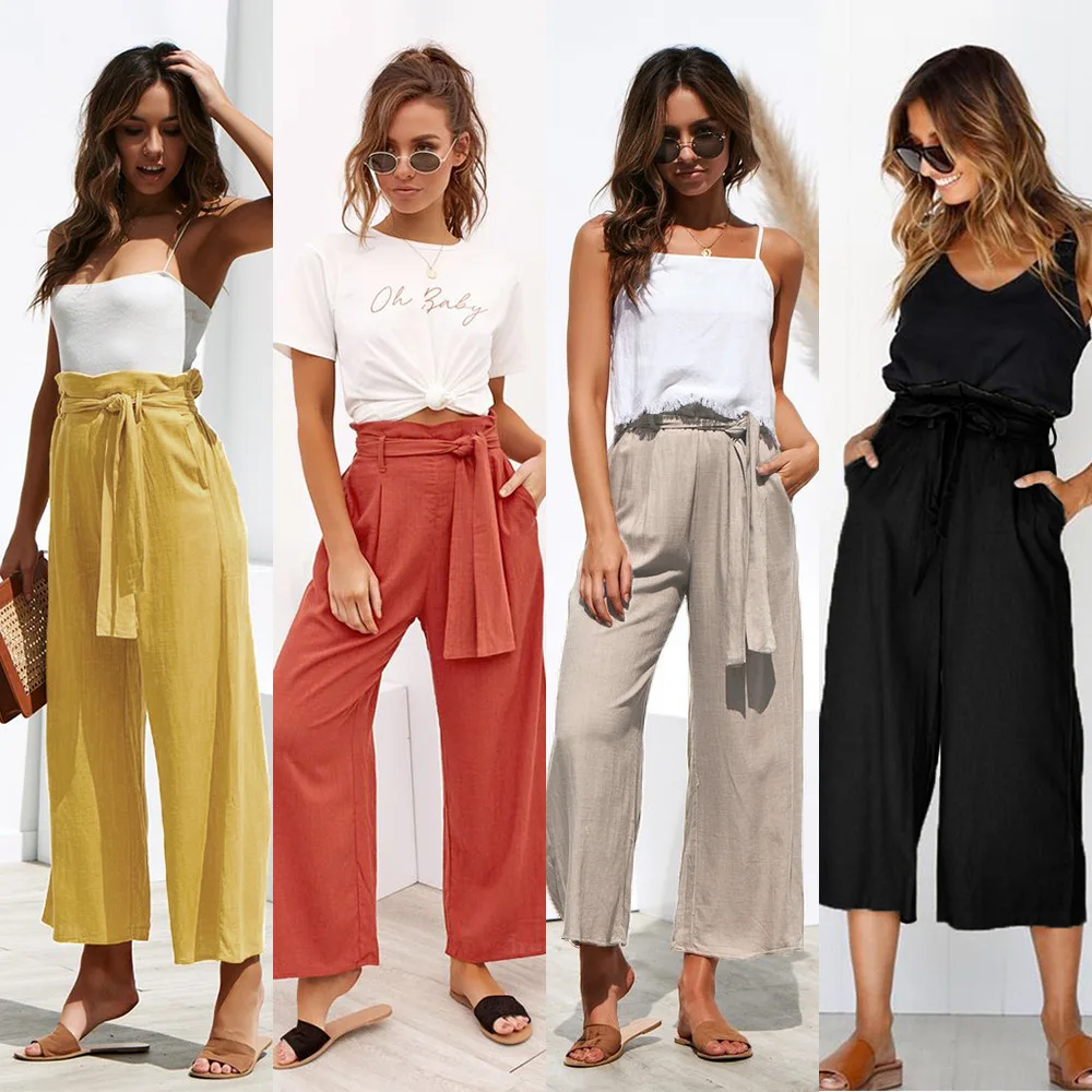 

Solid Wide Leg Pants Women Spring Summer Casual Loose With Belt Pocket High Waist Trousers Black Yellow Cotton Linen Sashes Pant
