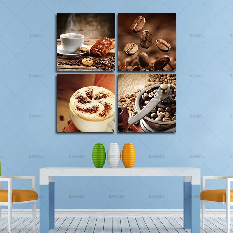 

Wall Pictures Canvas Painting Poster For Living Room 4Pcs Coffee Print On Canvas Wall Decor Painting(No Frame) HD Print Paintin