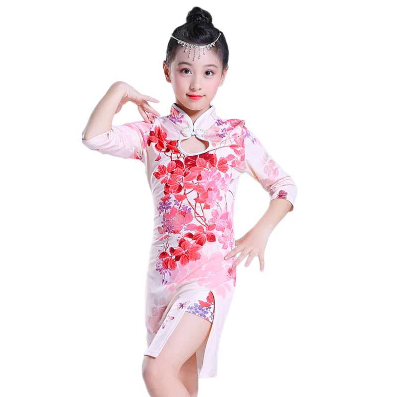 Платье Ципао с цветочным принтом для маленьких девочек от 4 до 14 лет китайское