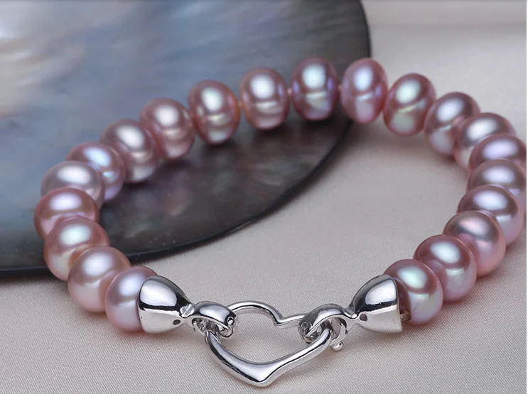 7'' 18cm 9-10mm Real Natural Pearl Purple Freshwater Bracelet Heart Love Clasp Wedding Woman Jewelry | Украшения и