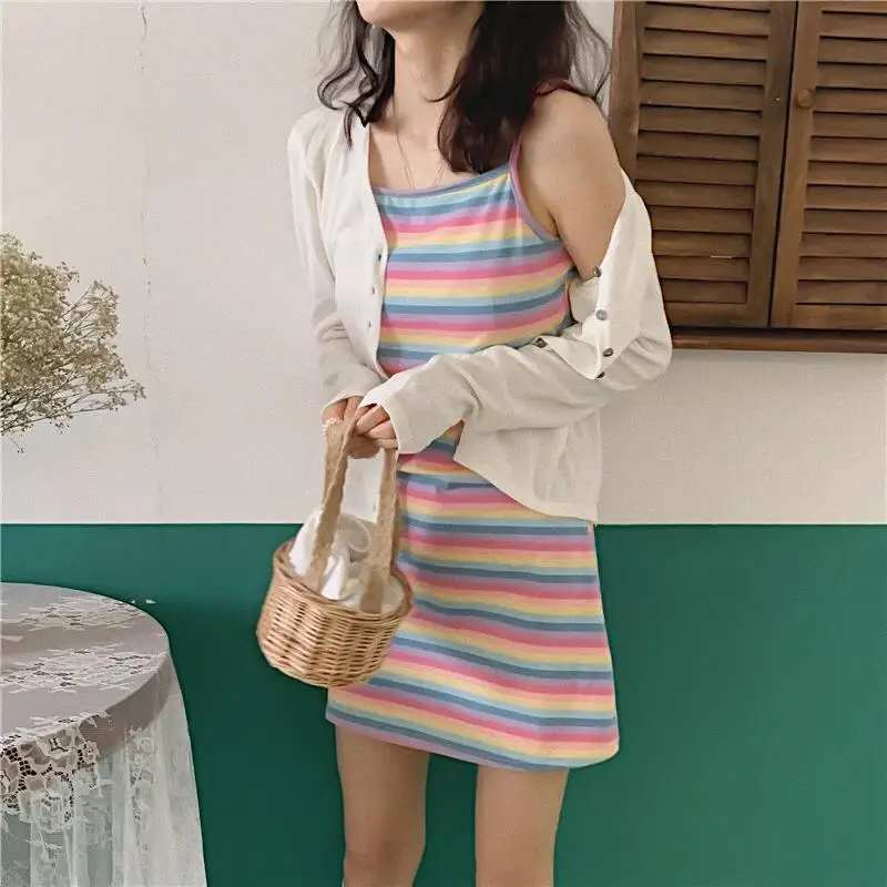 Радужное платье-комбинация женское корейское летнее тонкое платье без рукавов