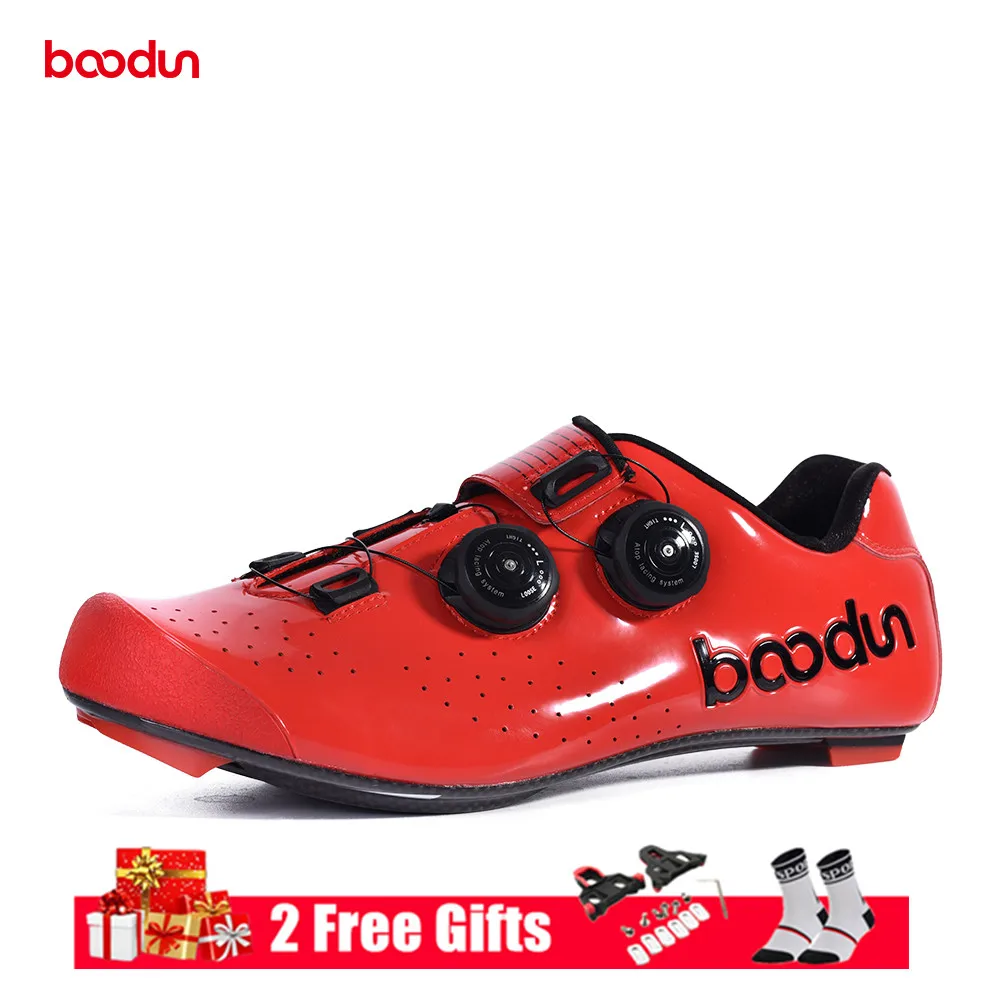 Red Road Shoes Мужские велосипедные кроссовки Boodun, обувь для шоссейного велосипеда с подошвой из углеродного волокна, дышащие, самозакрывающиеся, обувь для гоночного велосипеда, велосипедные шипы - Цвет: Red Road Shoes