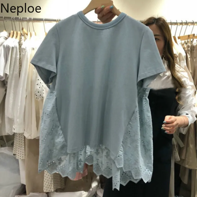 Neploe кружевные лоскутные женские футболки лето 2019 модные с круглым вырезом и