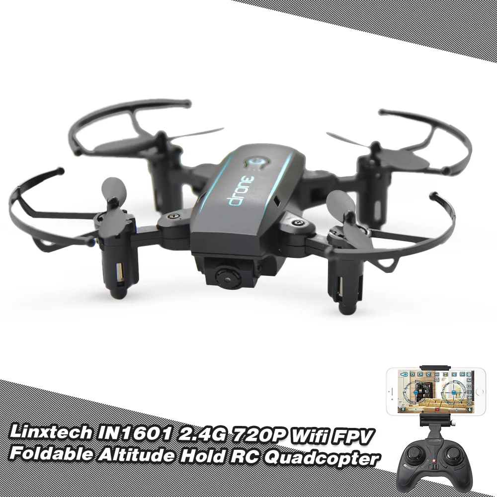 Linxtech IN1601 мини Радиоуправляемый Дрон с камерой 2,4G 0.3MP Wifi FPV Квадрокоптер с дистанционным управлением Вертолет складные дроны - Цвет: Black 720P