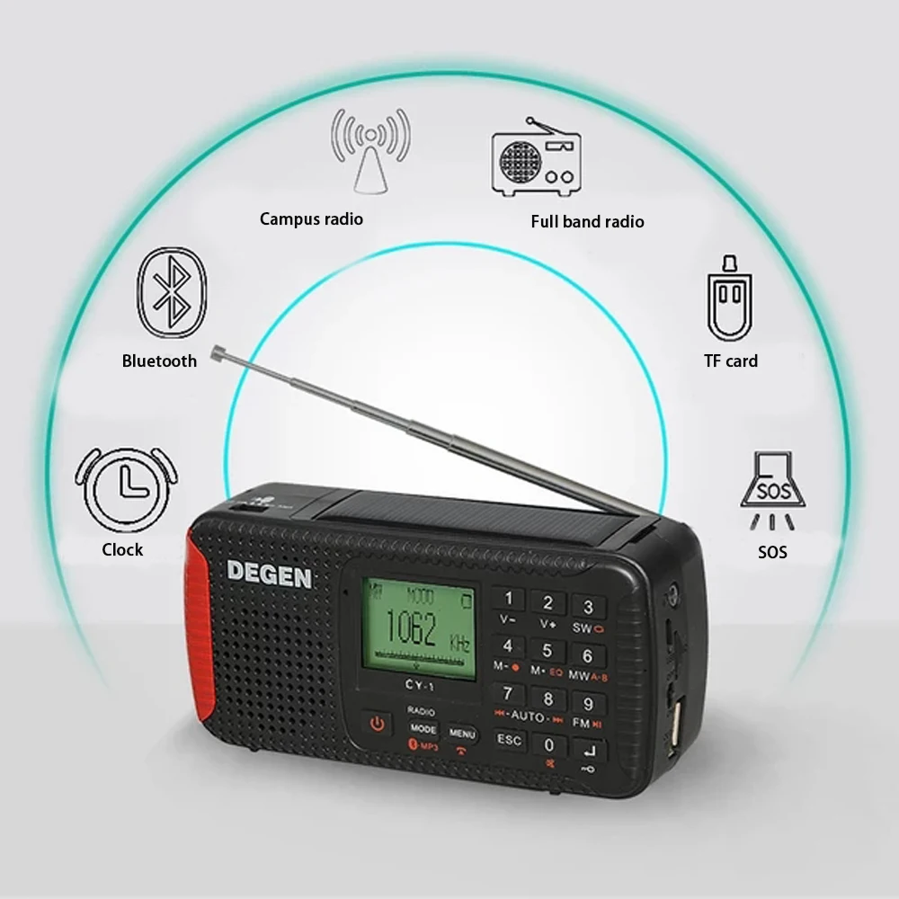 DEGEN CY 1 Dynamo Solar аварийное радио FM /MW/ SW будильник портативное коротковолновое с ЖК