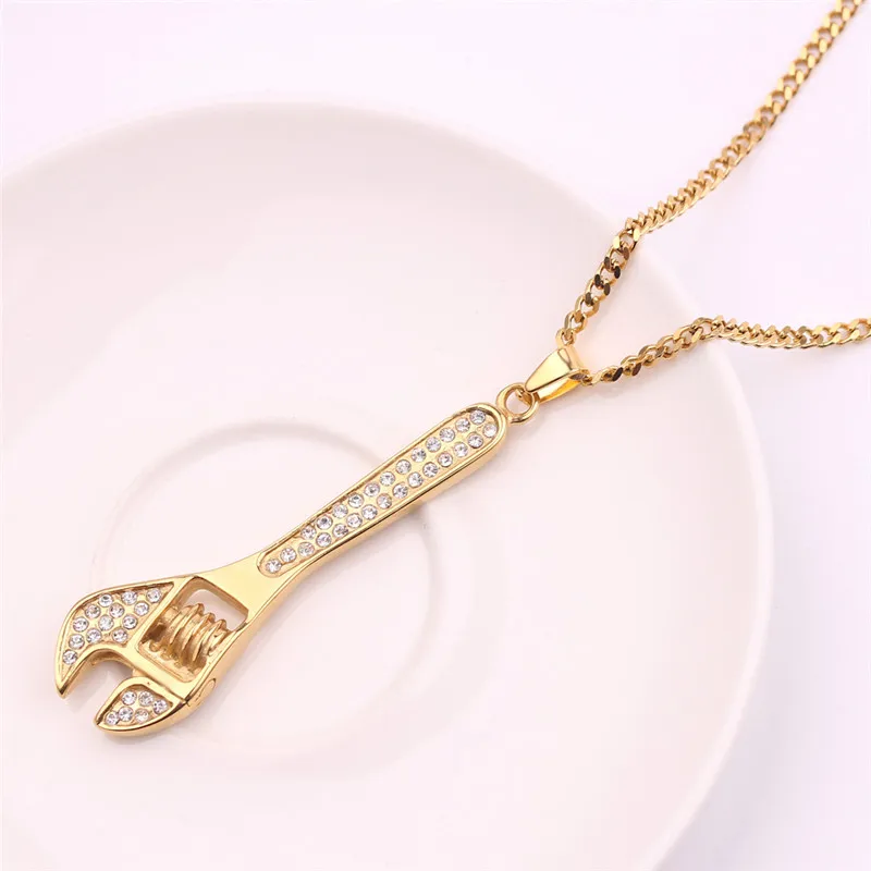 Мужской крутой металлический гаечный ключ подвеска золотой цвет Хрустальный