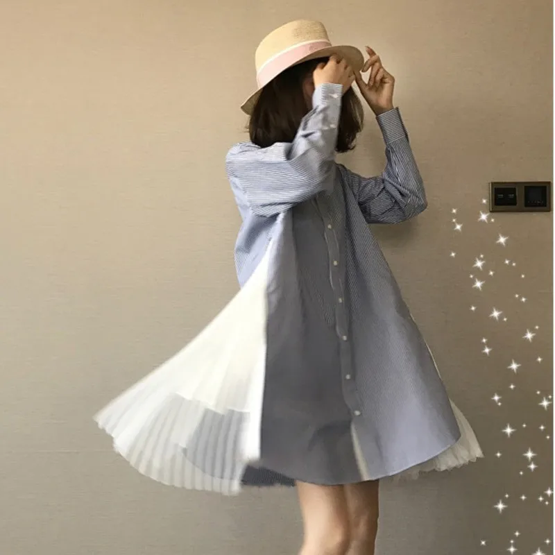 LANMREM женская рубашка 2020 в полоску с сеткой разрезом на молнии свободное платье