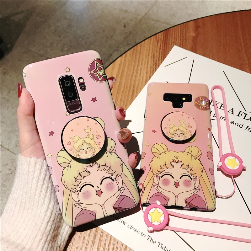 for Samsung S9 plus Cute pink Sailor moon soft Case For S8 S8plus note8 note9 S7 edge back cover + stander +strap |