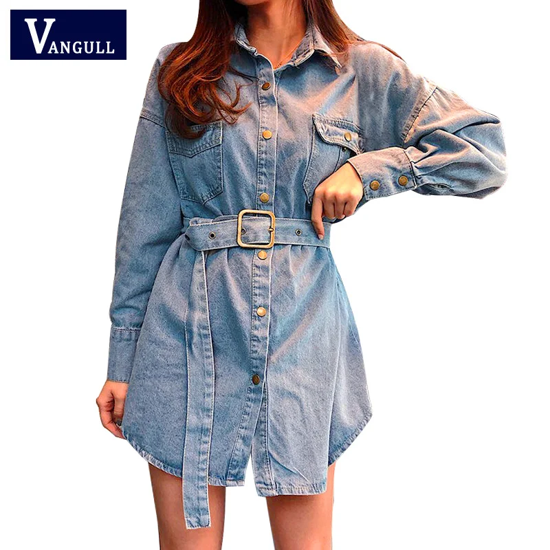 Vangull новые весенние женские джинсовые куртки, повседневная куртка с длинным рукавом, женская Свободная джинсовая куртка средней длины на шнуровке, верхняя одежда с поясом