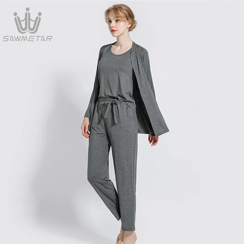 Woman Pajamas Three-piece Female Modal Long-sleeved Vest Thin Section Wear Casual Homewear suit Lady 2023 New Fashion Style