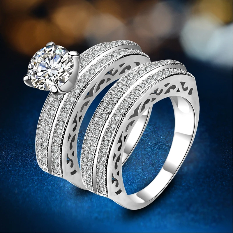 Роскошный Серебряный цвет карат CZ Кристалл кольцо набор с проложили Микро Циркон