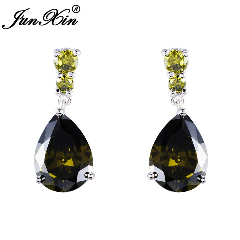 Olive Green Earrings JUNXIN мистический огненный Циркон слеза Циркон Висячие серьги для женщин Фиолетовый Синий Зеленый Радуга камень грушевидной формы свадебные серьги для женщин - Окраска металла: Olive Green Earrings
