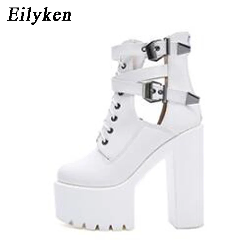 Eilyken/ г.; Модные осенние женские ботинки на платформе 16 см; кожаные короткие сандалии на шнуровке с пряжкой и ремешком; Черная женская обувь - Цвет: white