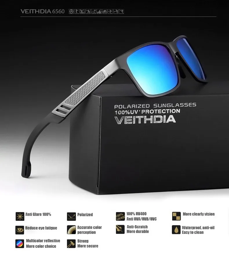 Мужские солнцезащитные очки VEITHDIA, алюминиевые очки прямоугольной формы с зеркальными поляризационными стеклами, для мужчин и женщин, модель 6560