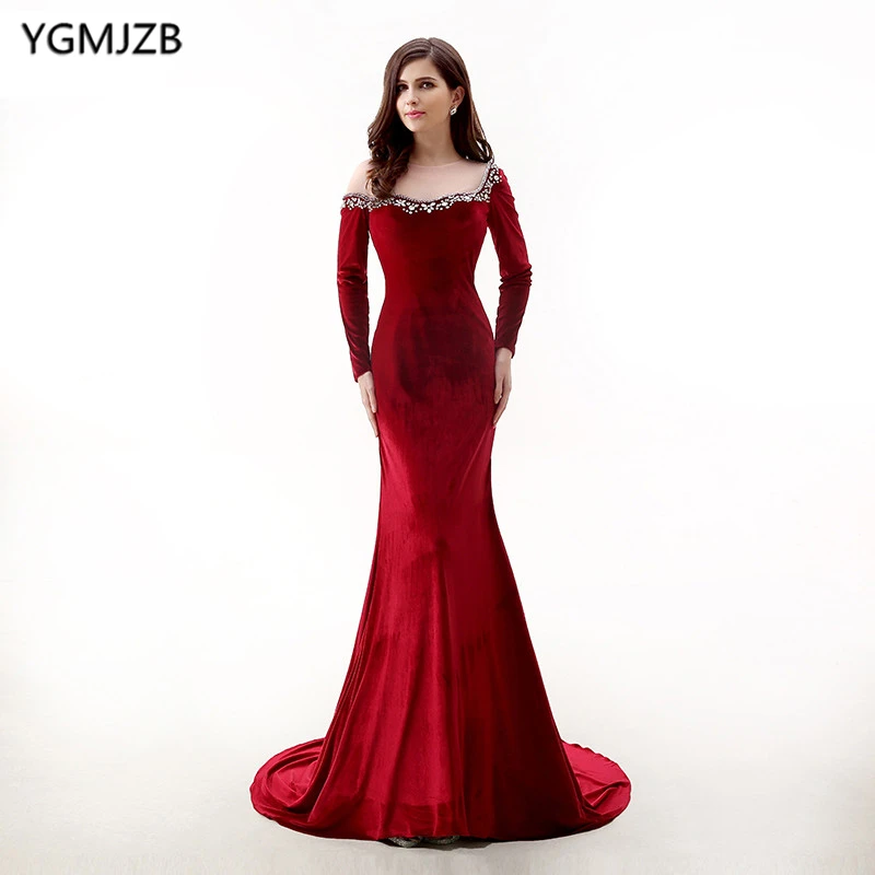 

Burgundy Velvet Long Mermaid Evening Dress 2018 With Long Sleeves Sheer Neck Beaded Formal Party Dress Prom Gown